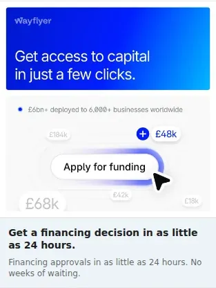 Wayflyer Single Image Ad: Get a financing decision in as little as 24 hours.